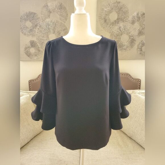 🦋 J.CREW 🦋 Tiered Bell-Sleeve Drapey Crepe Top - [Size 0, Black] - Picture 5 of 14